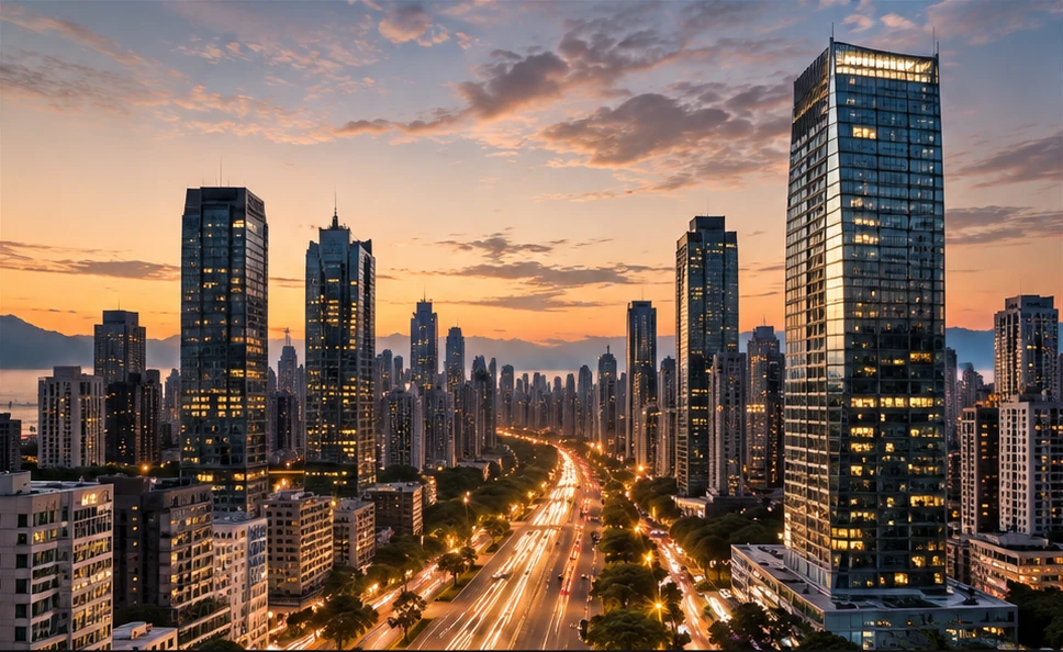 Imagem conceitual de torres corporativas ao entardecer